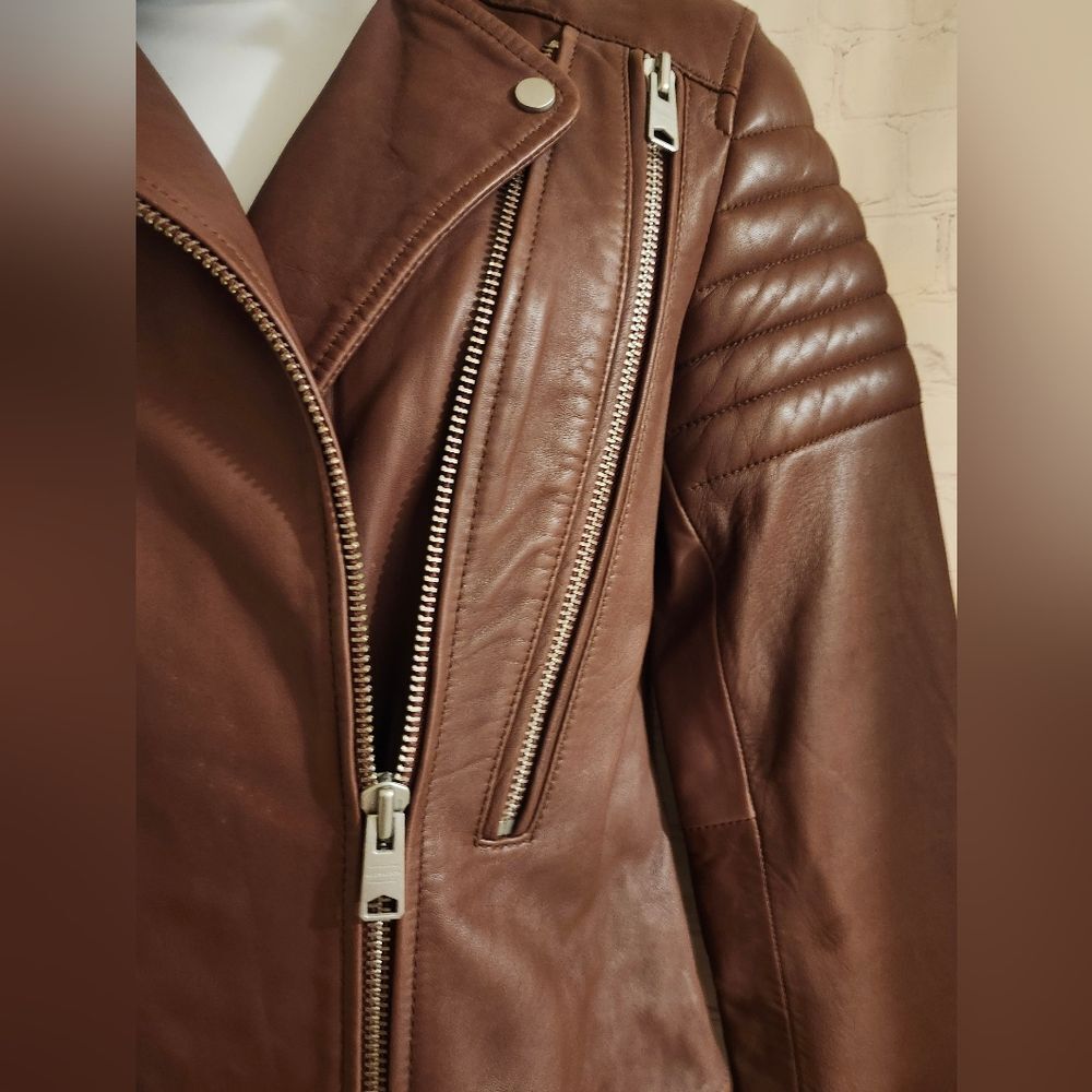 AllSaints “Alder Biker" Brown Buttery Leather Moto Jacket US 6/ EU 38 Ret. $499 - Picture 7 of 14
